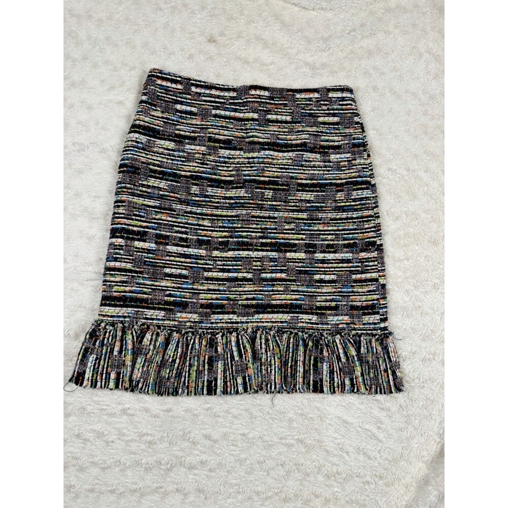 Ann Taylor Women's Multicolor Tweed Fringe Pencil Skirt Geometric Lined Size 6